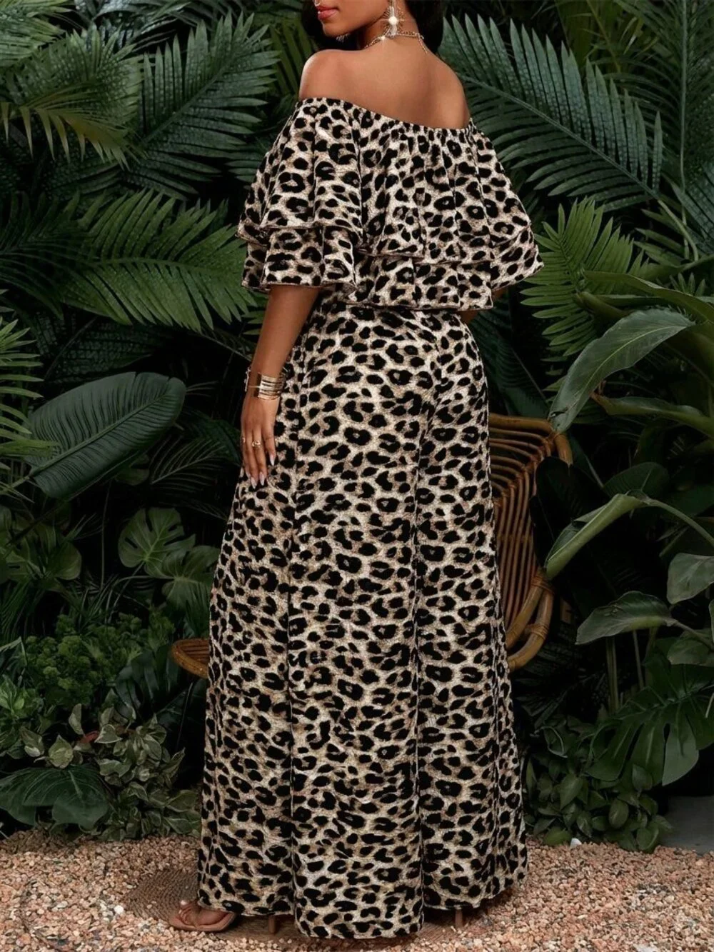 Multicolor Boho Women's Leopard Print Off-Shoulder Top & Wide-Leg Pants Set